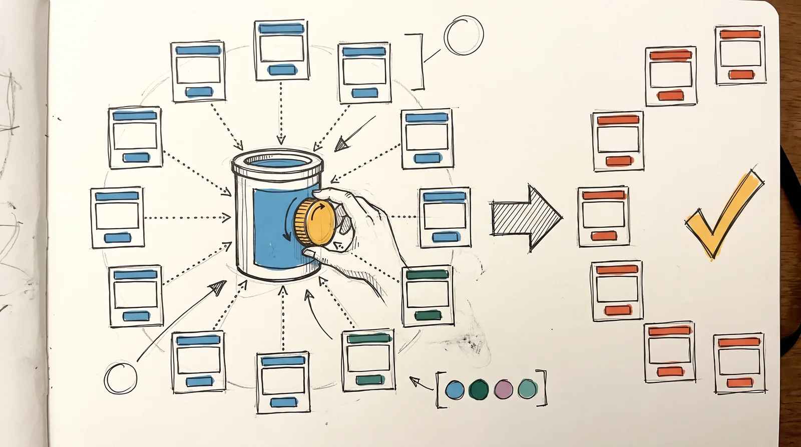 A blue paint pot with a dial is linked by dotted strings to a ring of small screens with blue buttons, and a second ring shows all the buttons turned orange at once.
