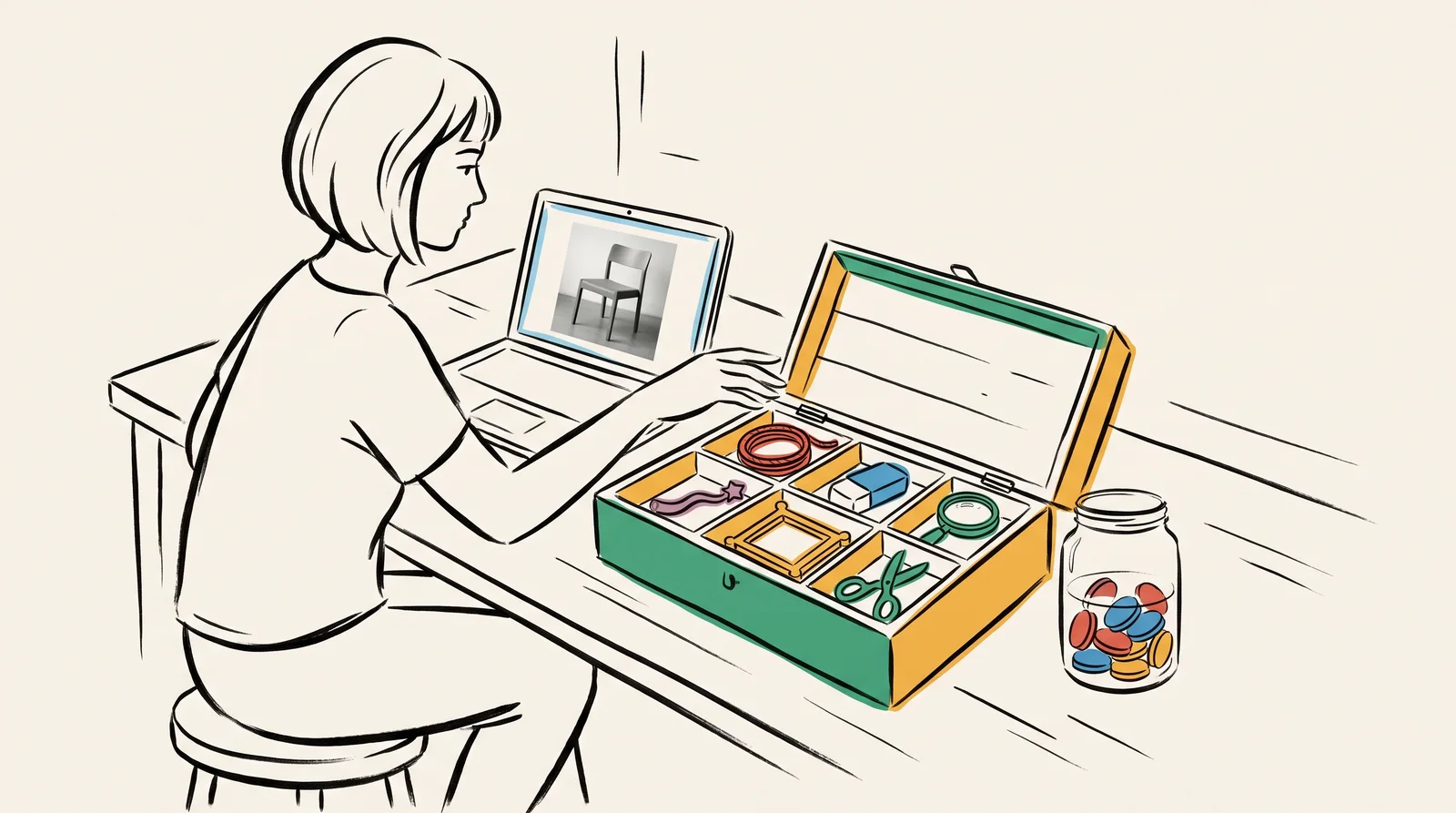 A designer at a laptop reaches into an open toolbox holding a wand, lasso, eraser, magnifier, frame and scissors, next to a half-full jar of tokens.