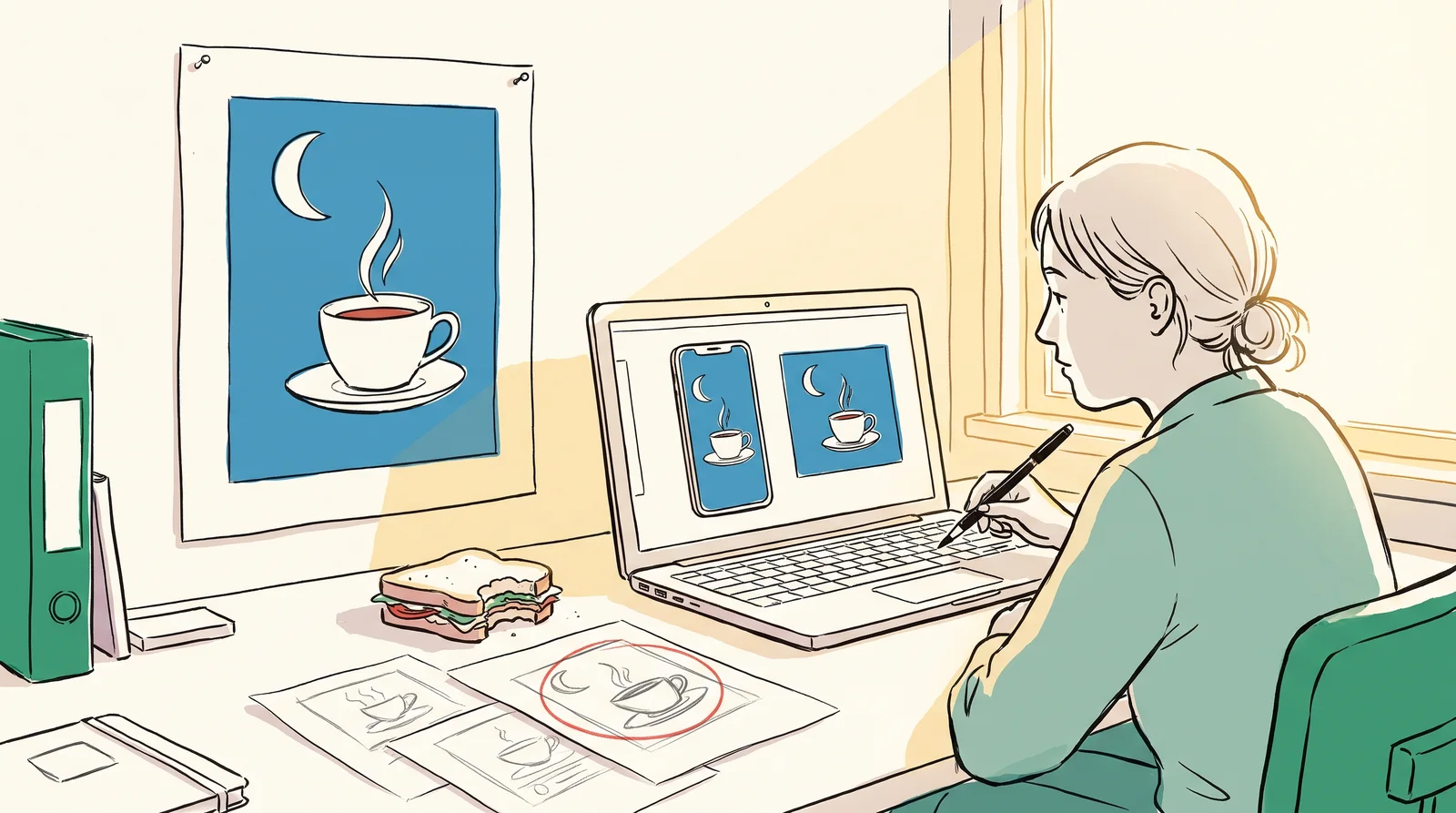 A designer at a sunny desk compares a pinned café poster proof of a cup under a moon with tall and square versions on a laptop, beside three pencil sketches with one circled.