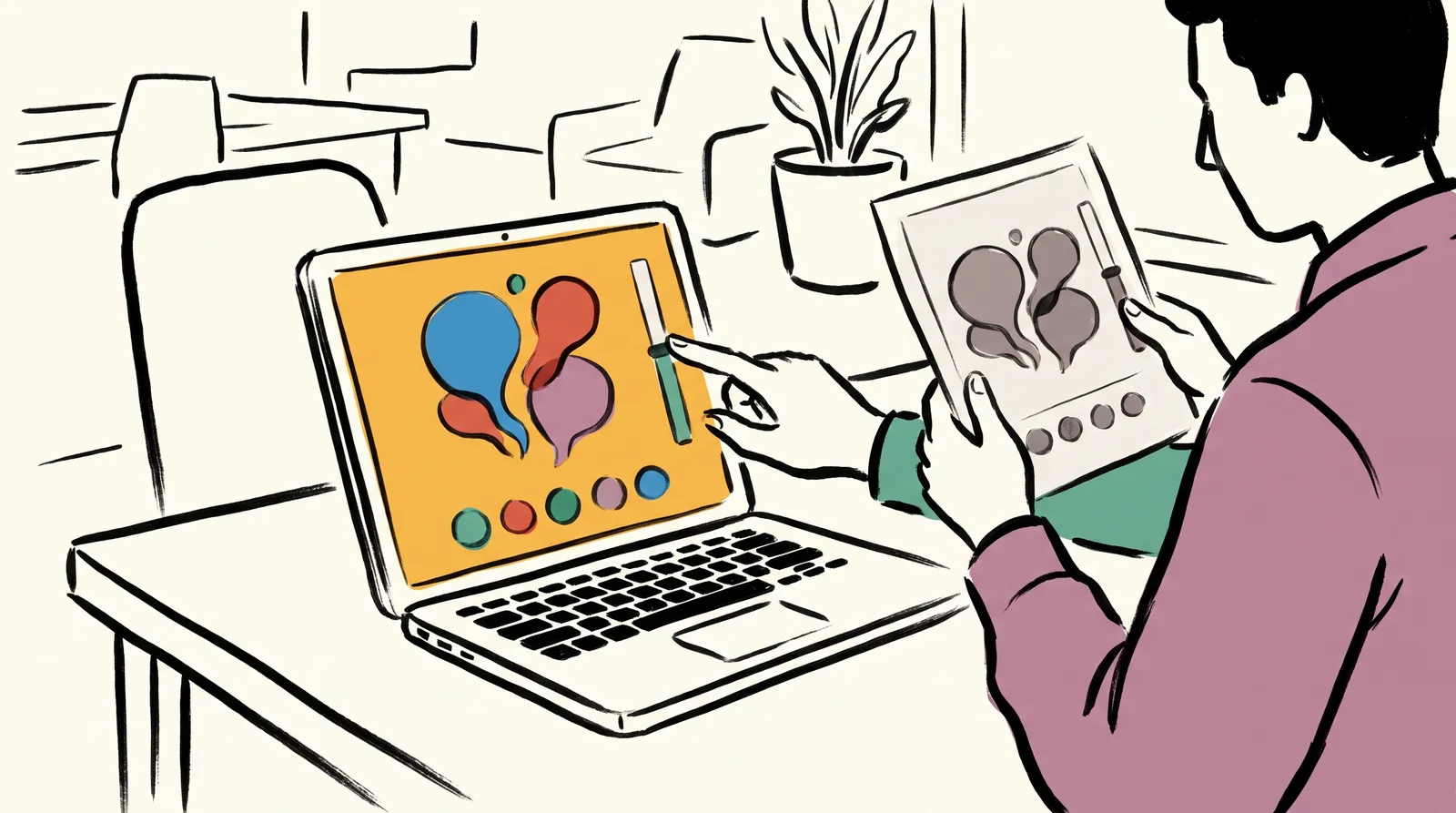 A delighted client drags a slider on a laptop page with big abstract shapes and colour swatches, while a designer holds up a flat printed version of the same page.