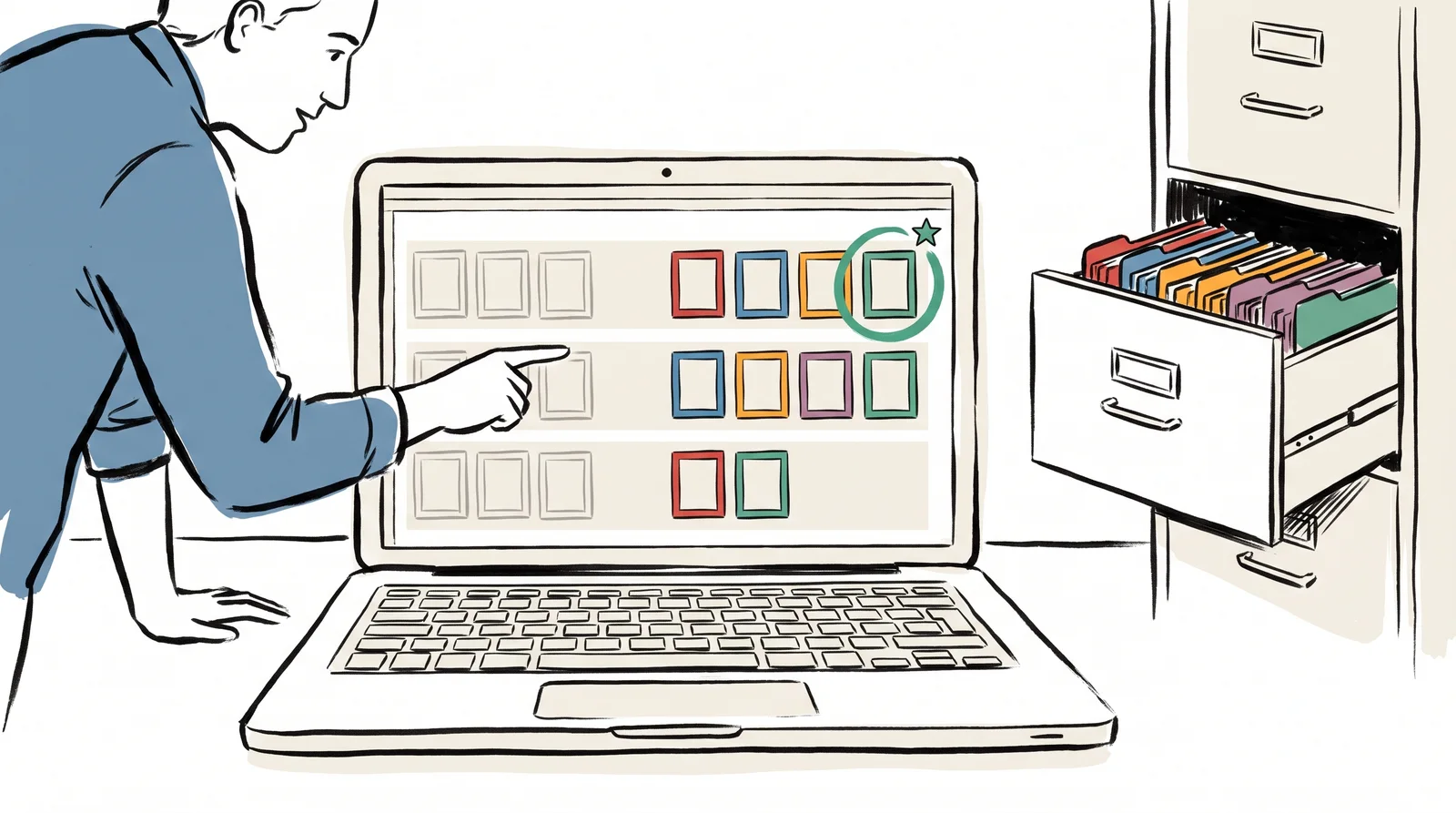 A laptop shows a design canvas arranged in coloured rows with one frame starred, beside an open filing cabinet, while a colleague points at the starred frame.