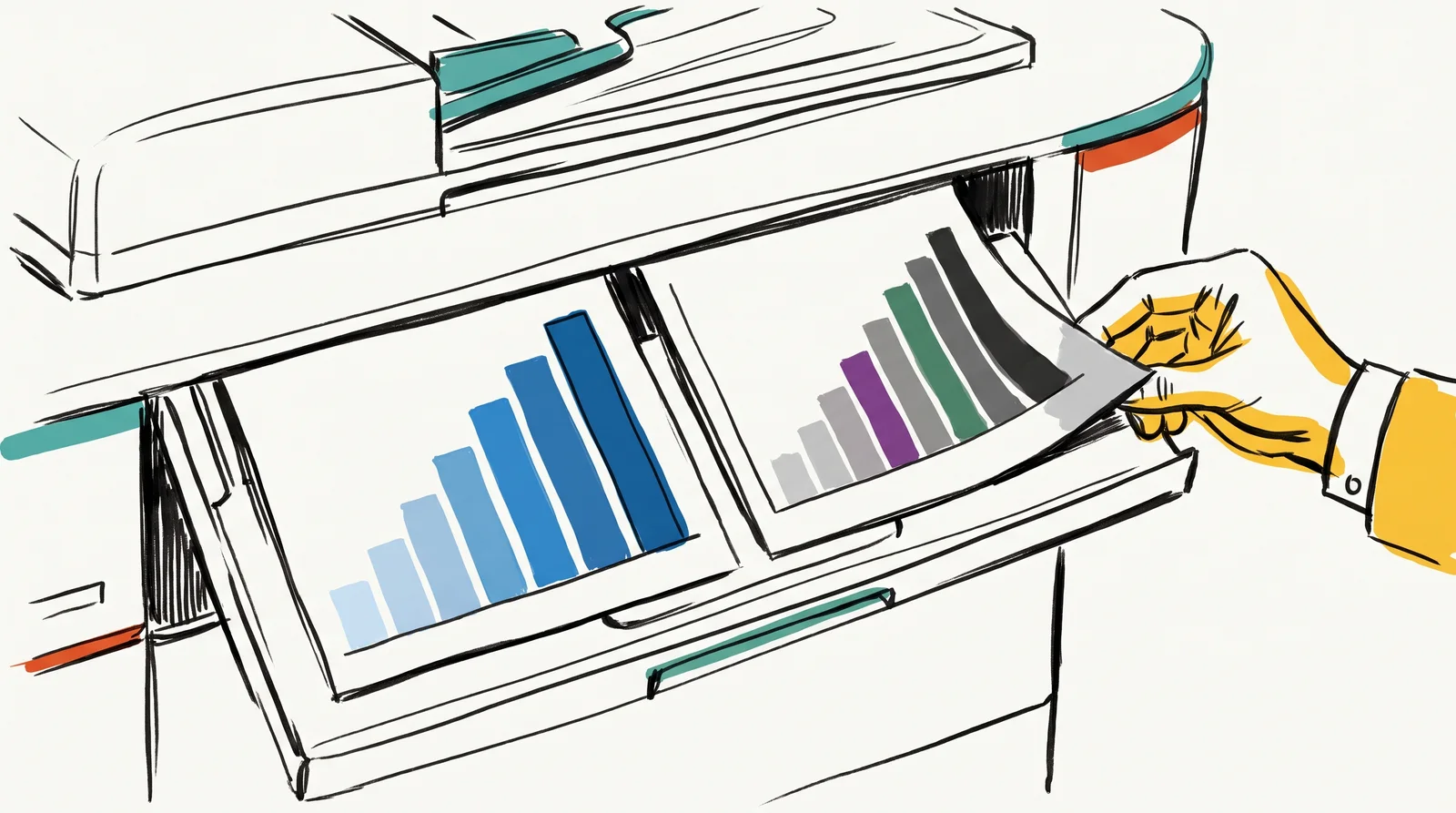 An ink drawing of a photocopier tray with a blue bar chart stepping from pale to deep beside its black and white copy, where the bars still step from light to dark.