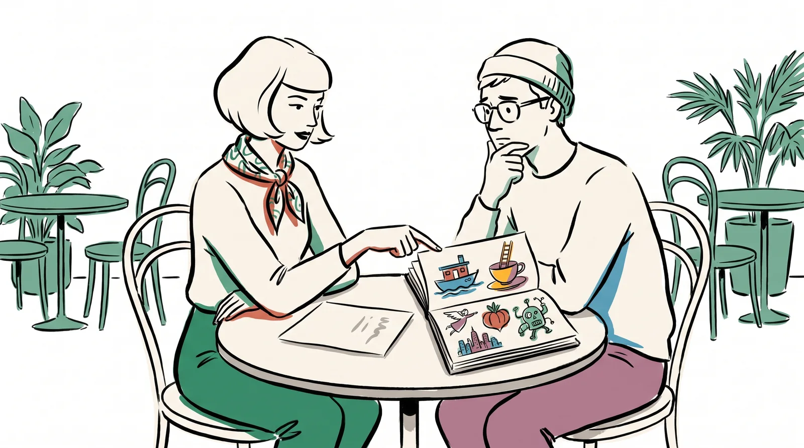 An ink drawing of an art director and an illustrator at a cafe table with a one-page brief and an open sketchbook of rough ideas, the art director pointing at one.