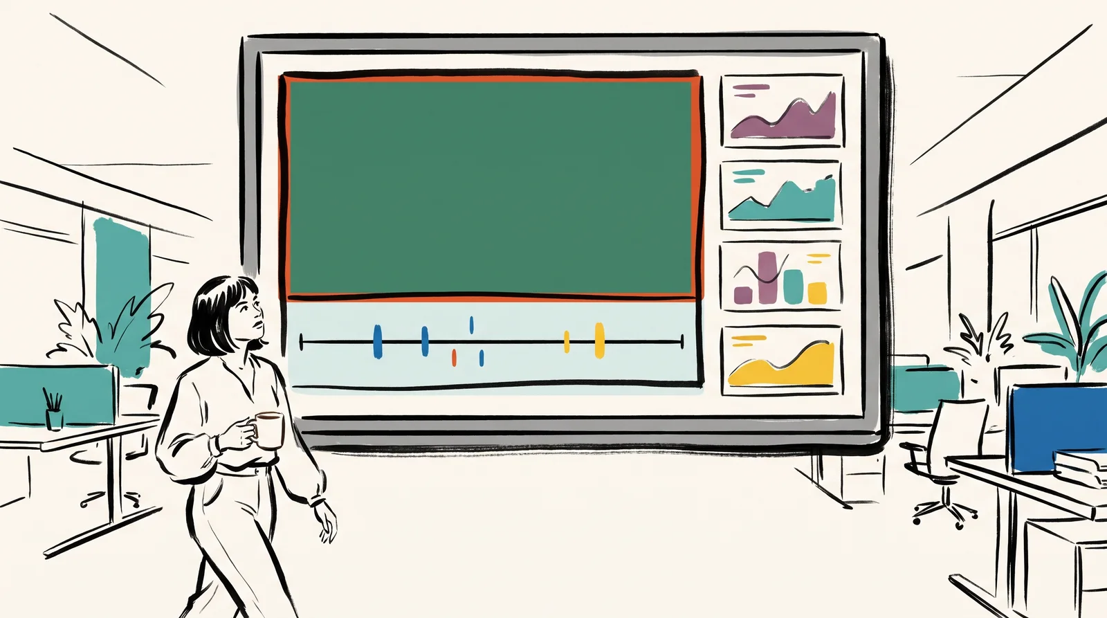 An ink drawing of an office wall screen with one large tile holding a big block and a line across a pale band, four small tiles beside it, and a woman glancing up as she passes.