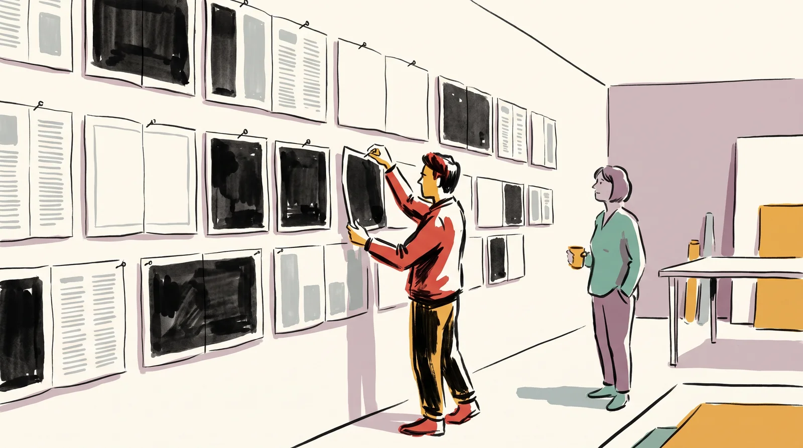 An ink drawing of an issue pinned in rows on a studio wall, dark and pale spreads alternating, with a designer moving one spread and an editor standing back.