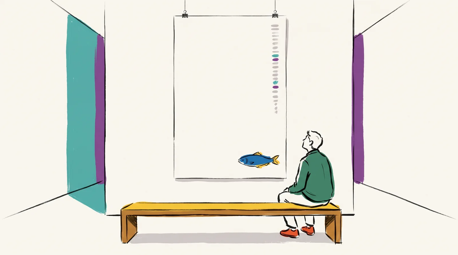 An ink drawing of a tall poster in a quiet corridor, mostly empty paper with one small fish near the bottom and a thin vertical column of grey marks, while a visitor sits on a bench below.