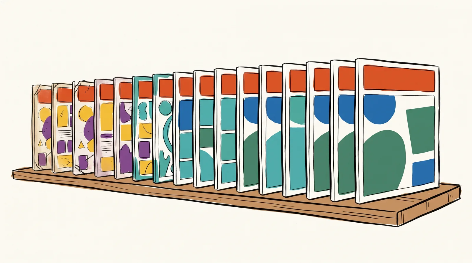 An ink drawing of a shelf of one magazine's issues from faded to new, all with the same masthead band while the covers below change little by little.