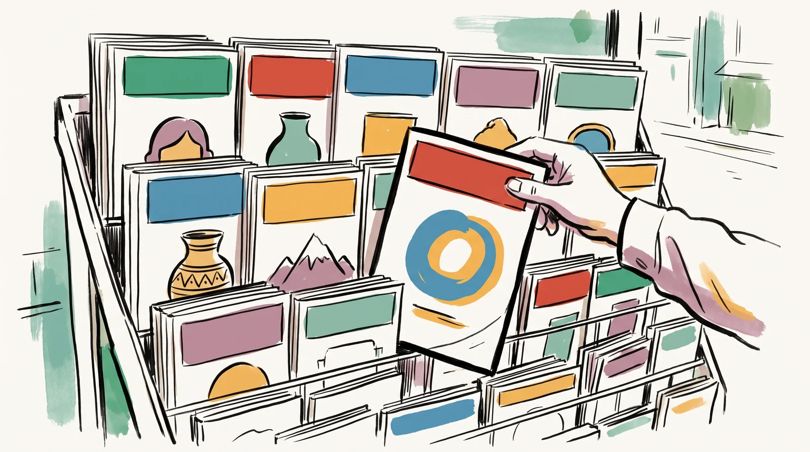 An ink drawing of a crowded newsstand rack with overlapping magazines showing only their top bands, and a hand reaching for the one with a simple bold picture.