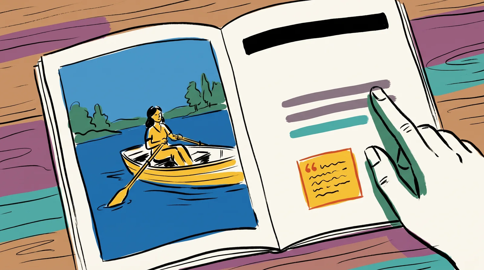 An ink drawing of a magazine open on a desk, one page a photograph of a woman rowing and the other a heavy headline bar with a small quote box, with a finger on the first line.
