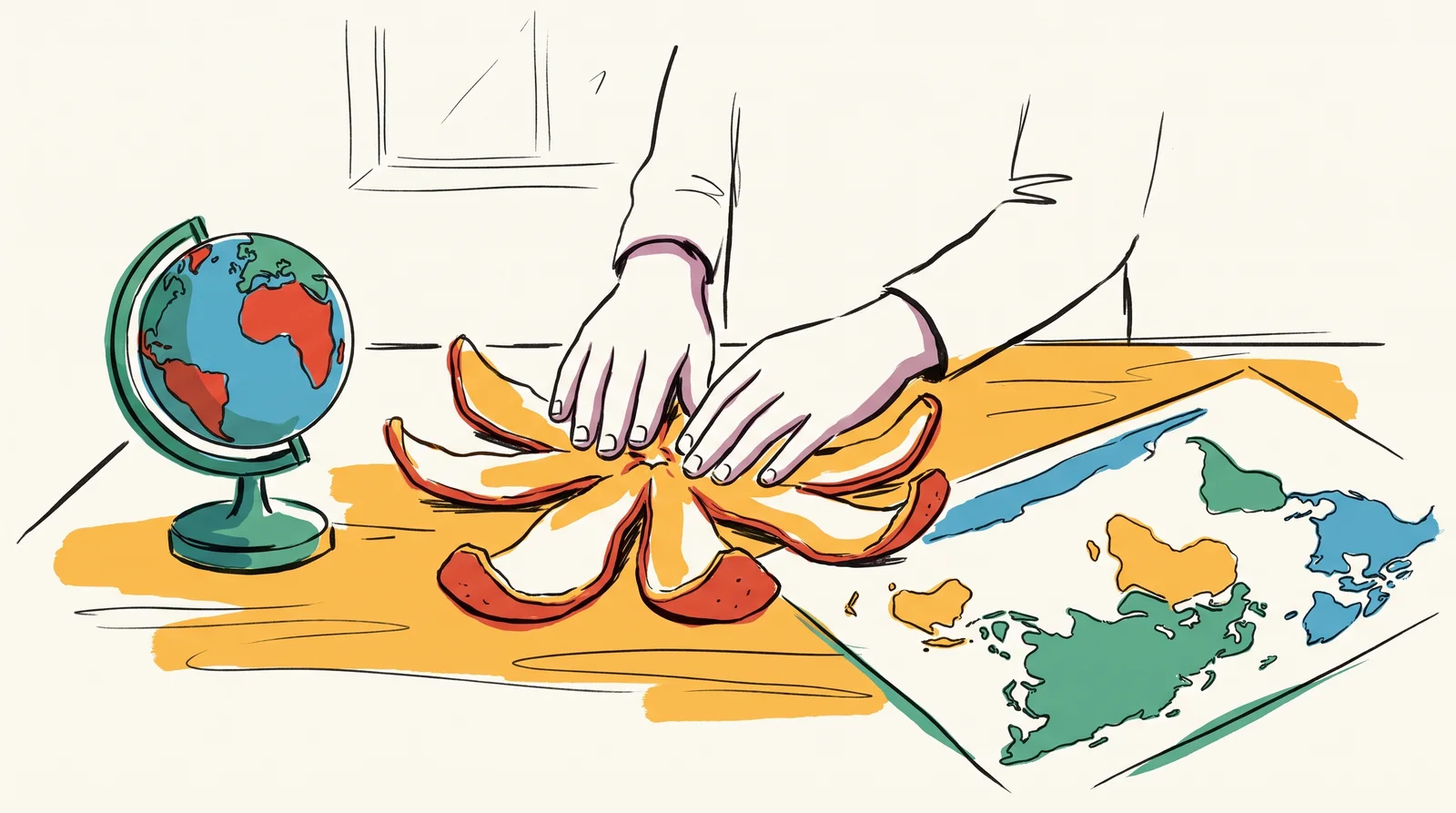 An ink drawing of a globe, an orange peel pressed flat into split segments and a paper world map on a kitchen table, with a child's hands pressing the peel.