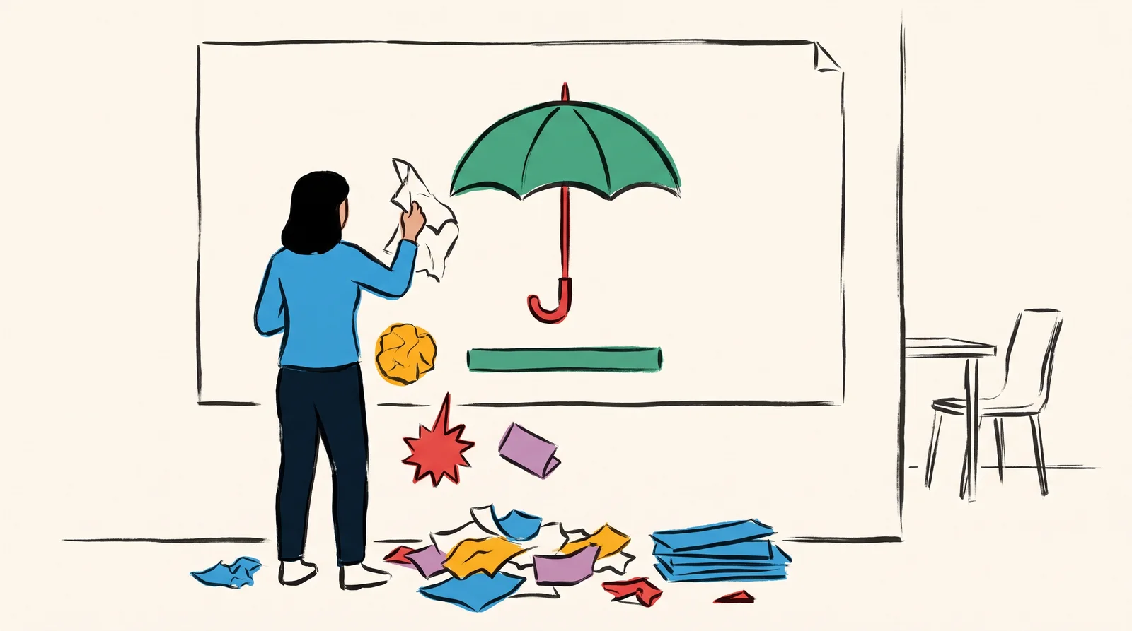 An ink drawing of a designer peeling paper scraps off a poster mock-up on a wall, leaving one umbrella drawing and a single bar, with the removed pieces piled at her feet.