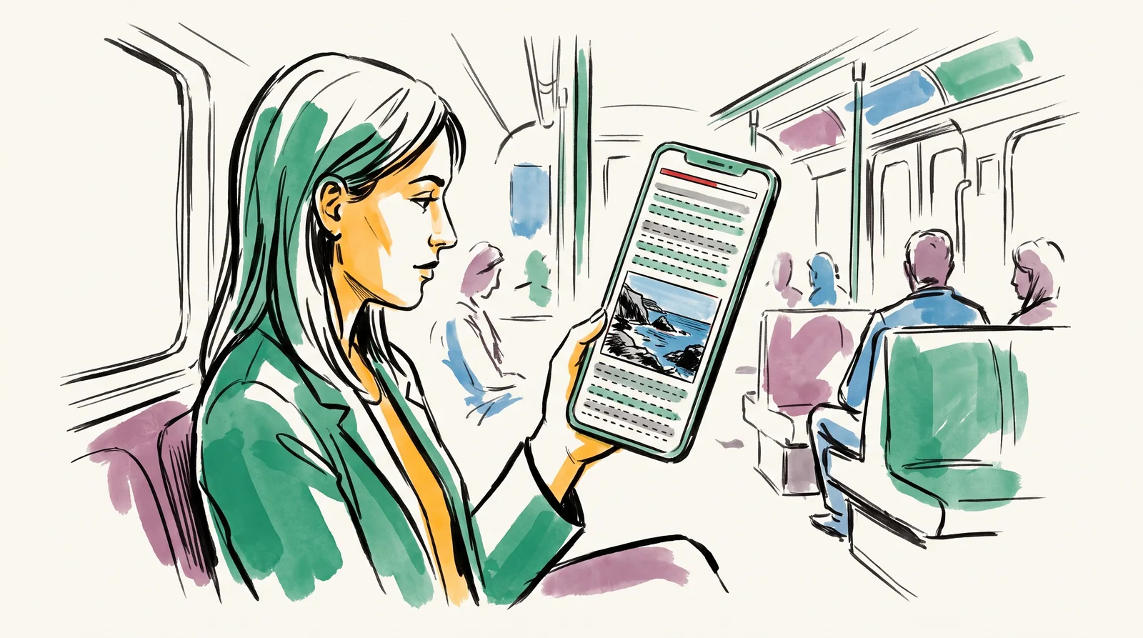 An ink drawing of a commuter on a train reading a phone that shows a narrow column of grey lines, a wide coastline photograph and a thin progress bar at the top.
