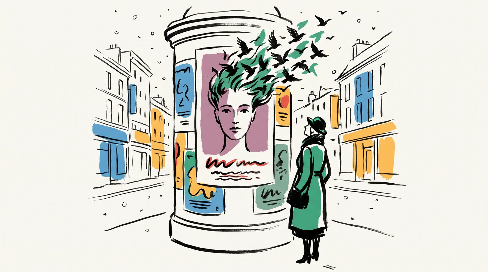 An ink drawing of a round advertising column on a winter street with a hand-painted poster of a face whose hair turns into a flock of birds, and a woman stopping to look.