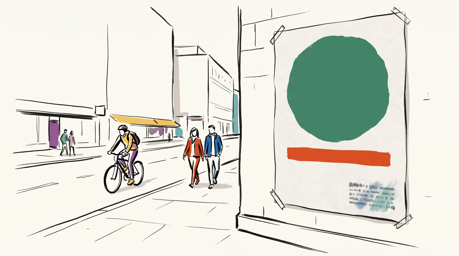 An ink drawing of a street with a large poster pasted on the far wall, showing a big dark circle and a thick bar while its small lines blur, as a cyclist and two walkers pass.