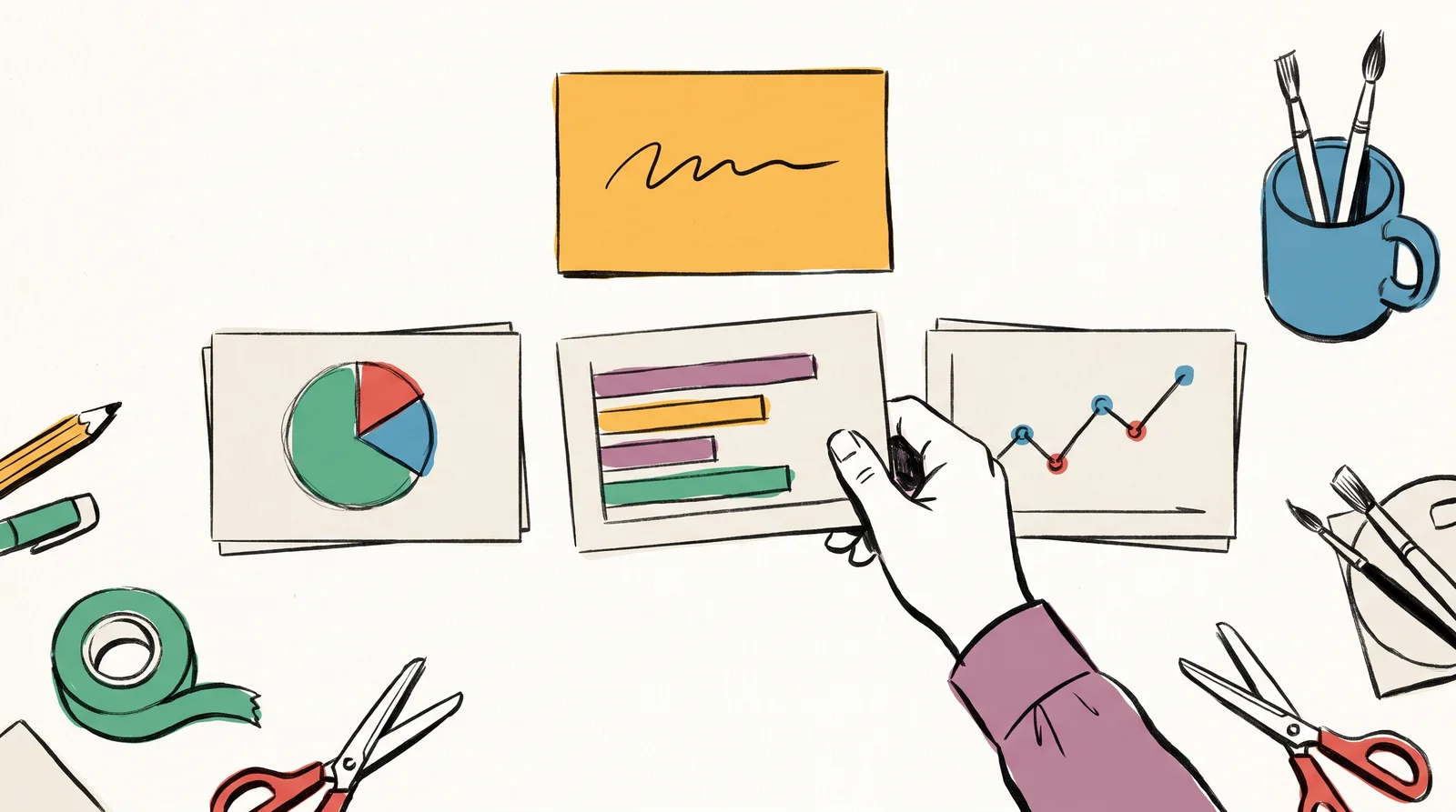 An ink drawing of a desk with a sticky note at the top and three sketched chart cards below, as a hand slides the bar chart card forward.
