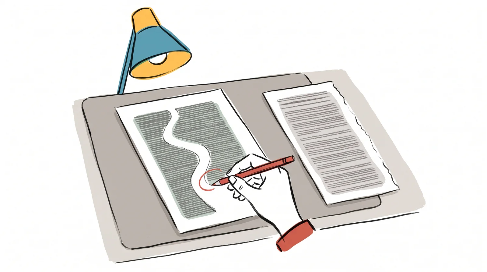 An ink drawing of a printed proof with a white river running down a justified column of grey lines, circled by a hand with a red pencil, beside a neater narrower proof.