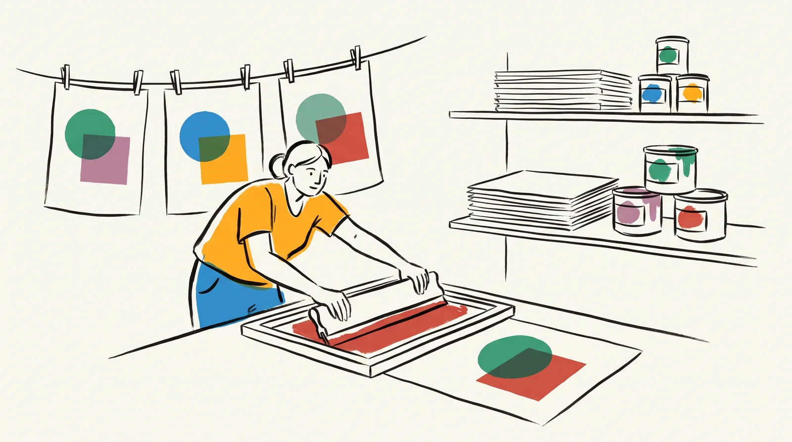 An ink drawing of a printer pulling a squeegee across a mesh screen, with two-colour posters drying on a line behind her and tins of ink on a shelf.