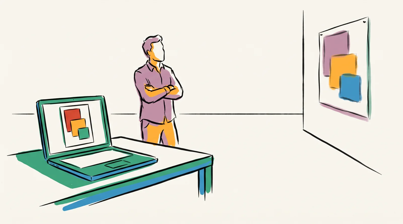 An ink drawing of a designer standing between a laptop showing a poster and the same poster printed and pinned on the far wall, comparing the two.