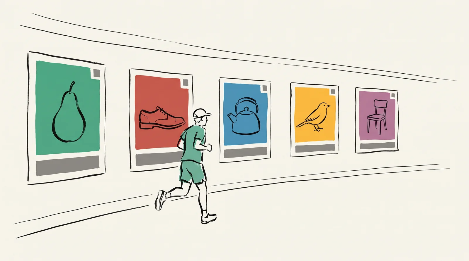 An ink drawing of five posters in a row along an underpass wall, identical in layout, each showing a different single object, with a jogger running past.