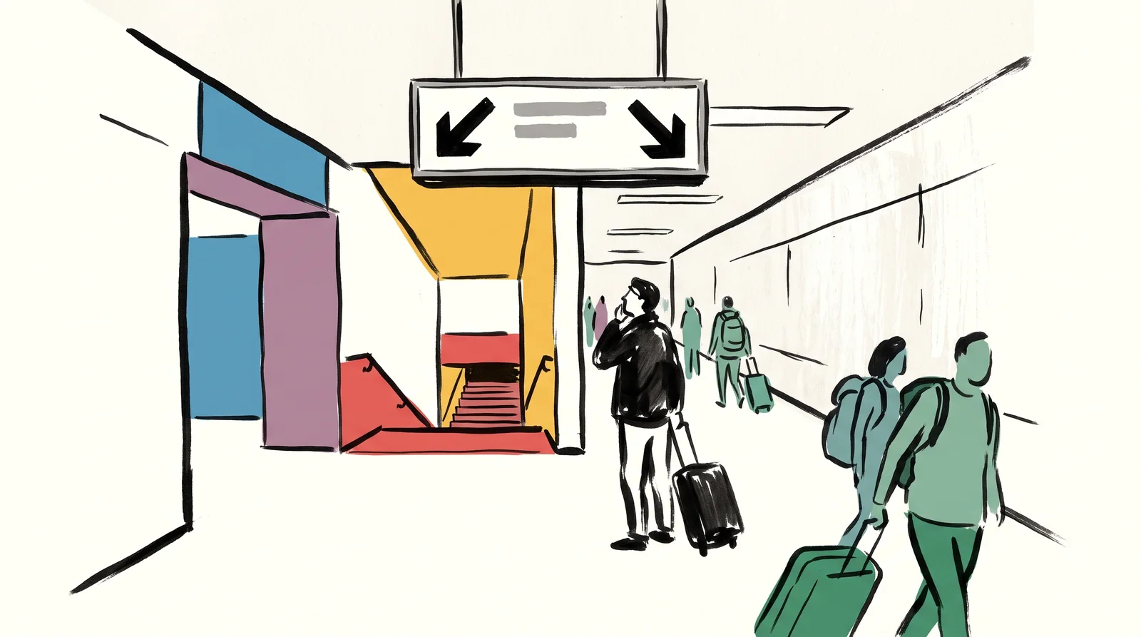 An ink drawing of a station corridor splitting into stairs and a passage, with a hanging arrow sign at the fork and a traveller with a suitcase looking up at it.