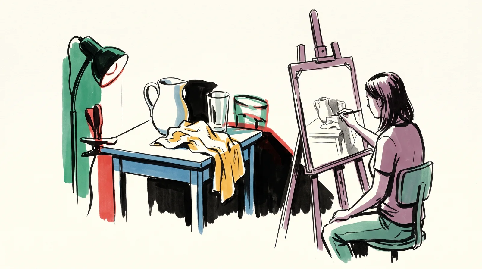 An ink drawing of a student at an easel drawing a white jug, a glass and a cloth lit by one clamp lamp, with their shadows falling to the right.