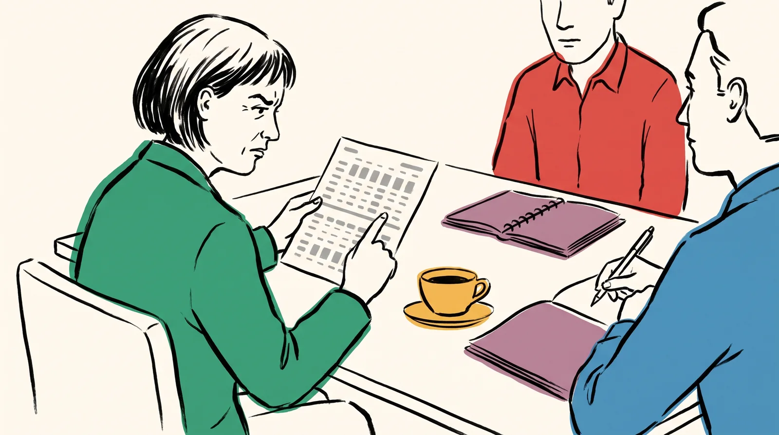 An ink drawing of a woman tracing a row on a printed timetable with her finger while the designer sits across the table silently taking notes.