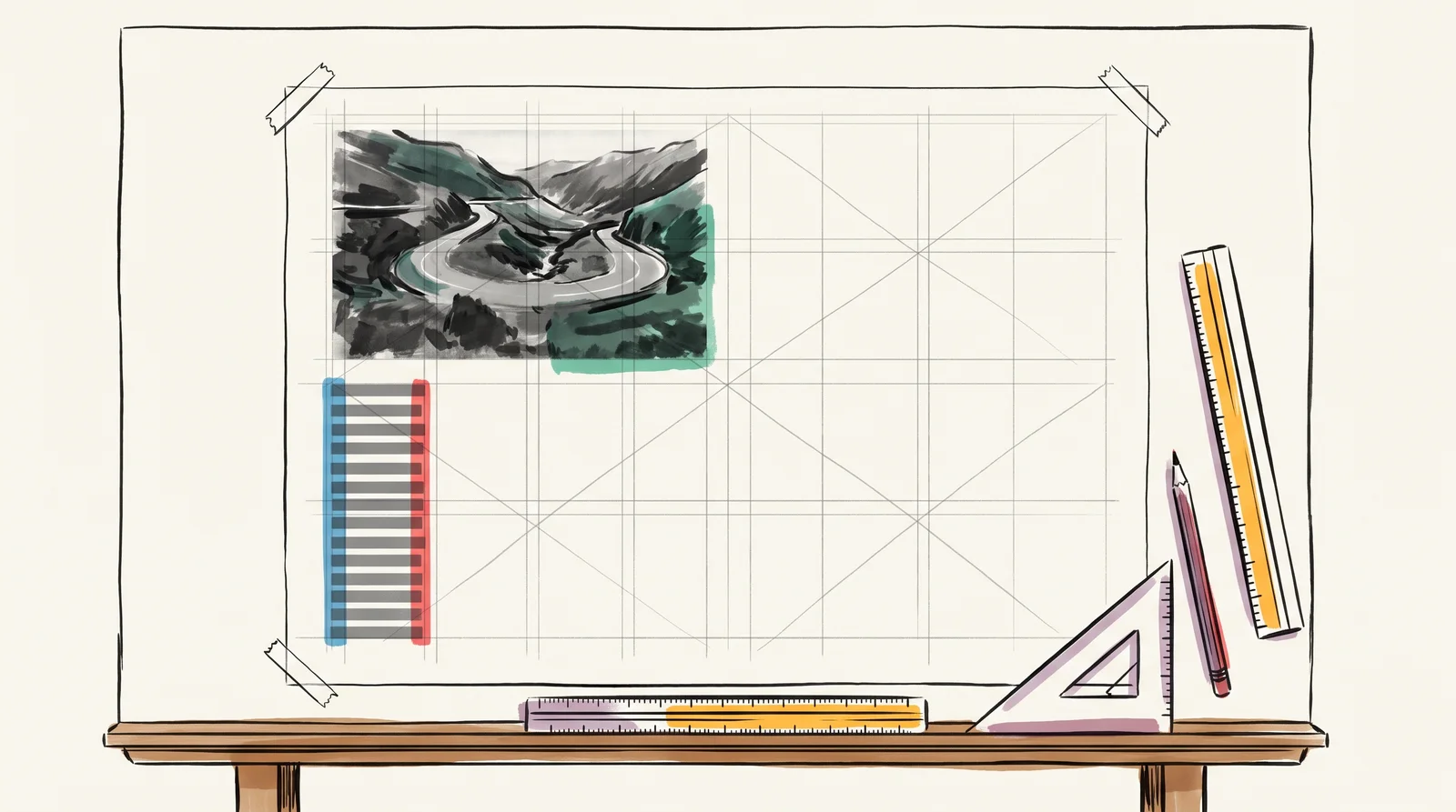 An ink drawing of a drafting table holding a poster with a faint pencil grid, an off-centre photograph, a narrow column of grey bars and a steel ruler along the edge.
