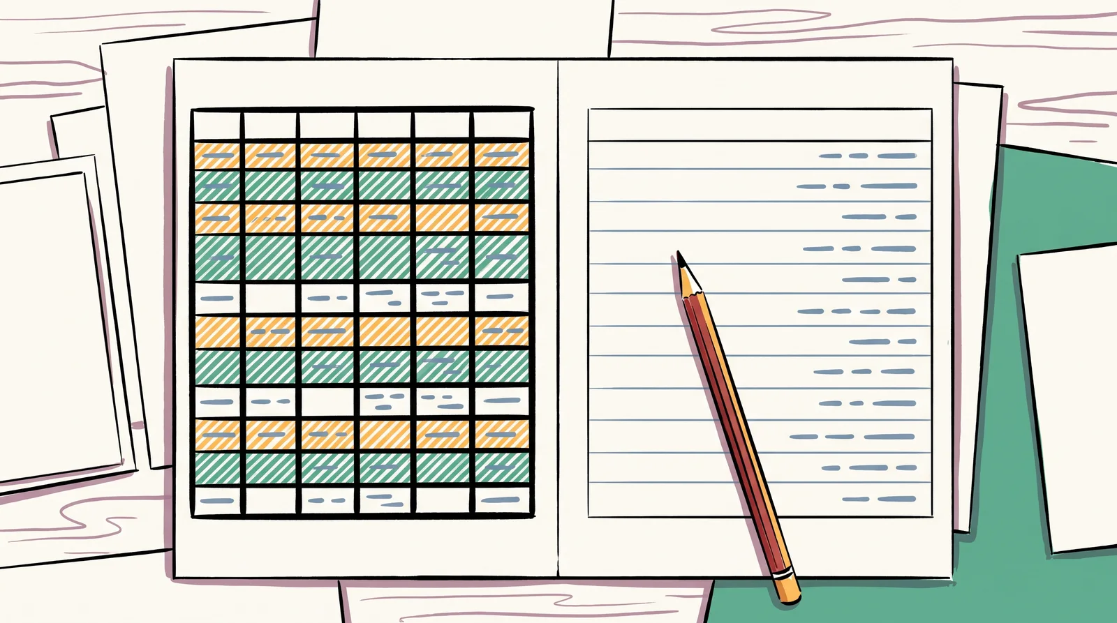 An ink drawing of two printed tables on a desk, one boxed in heavy borders and stripes, the other open with space between rows and neatly right-aligned columns.