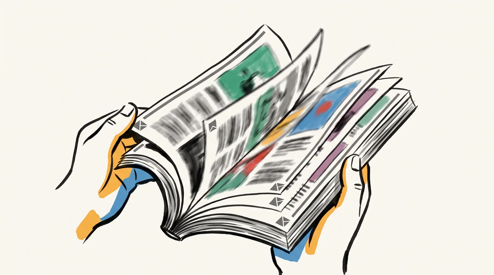 An ink drawing of hands flicking through a thick magazine, with a small mark at each bottom corner and a thin line at each top edge repeating on every page.