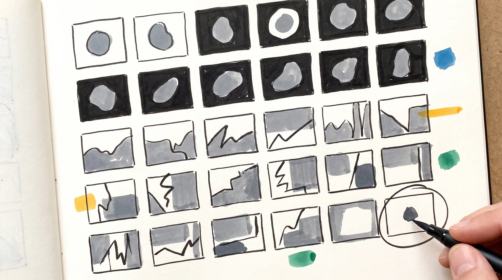 An ink drawing of a sketchbook page full of tiny three-tone thumbnails, with a hand circling one near the bottom of the page.