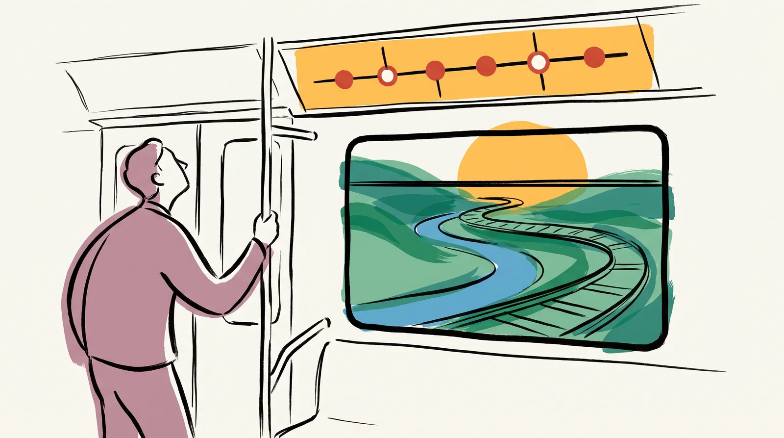An ink drawing of a passenger in a train looking at a straight line diagram of stops above the door, while the track outside the window curves around hills and a river.