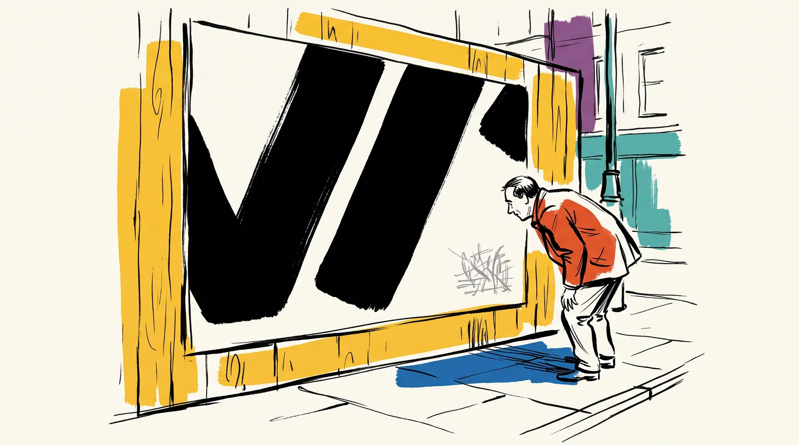 An ink drawing of a street poster filled by three giant black cropped shapes, with a man leaning in to read a small cluster of grey lines in the corner.