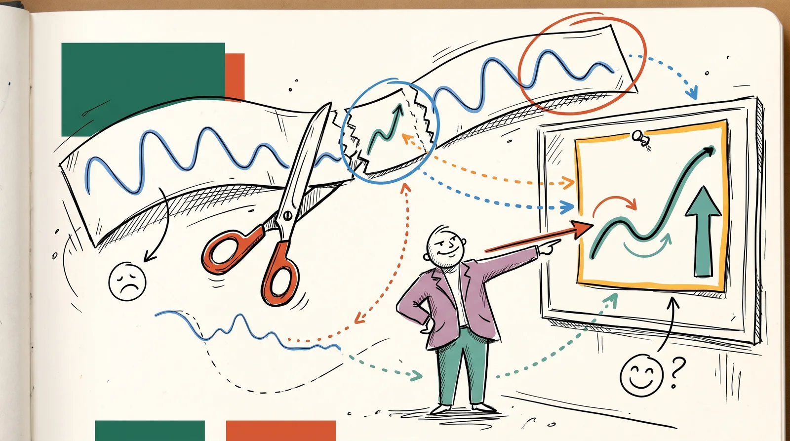 A long strip with a falling line has a short rising piece cut out by scissors, and that piece is pinned alone on a board where a presenter points at it.