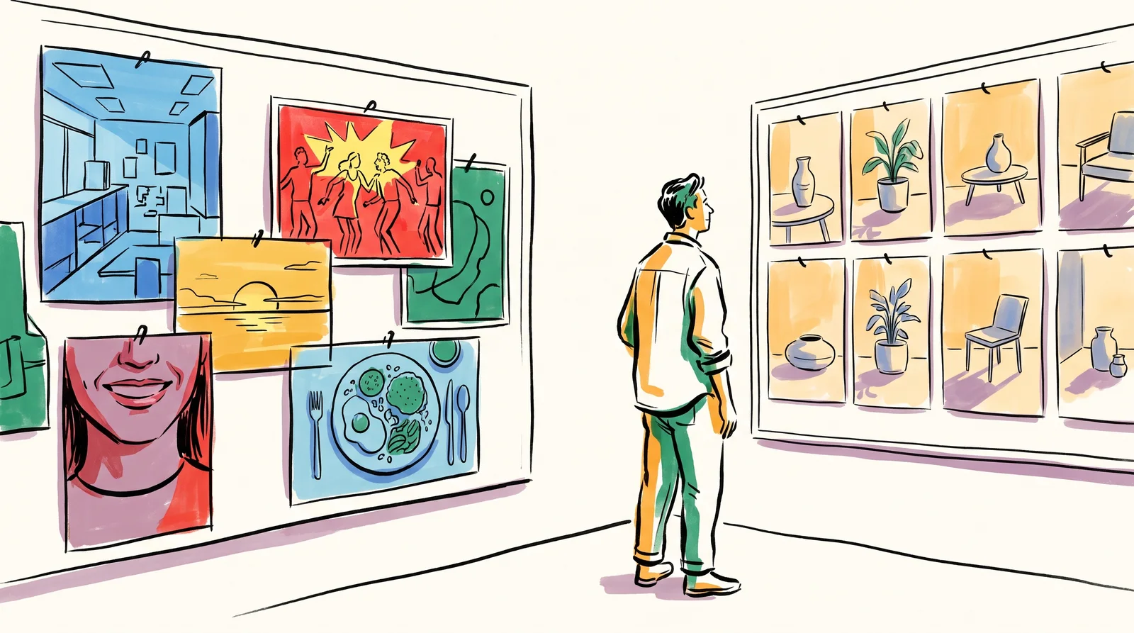 An ink drawing of a designer between two pinboards, the left covered in mismatched photographs with different colours and crops, the right in photographs that share warm side light and the same framing.