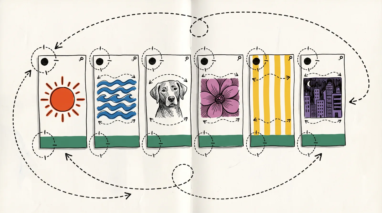 A doodle of six posters in a row, each with the same small black circle in the top corner and green band at the bottom, and a different picture in the middle of each.