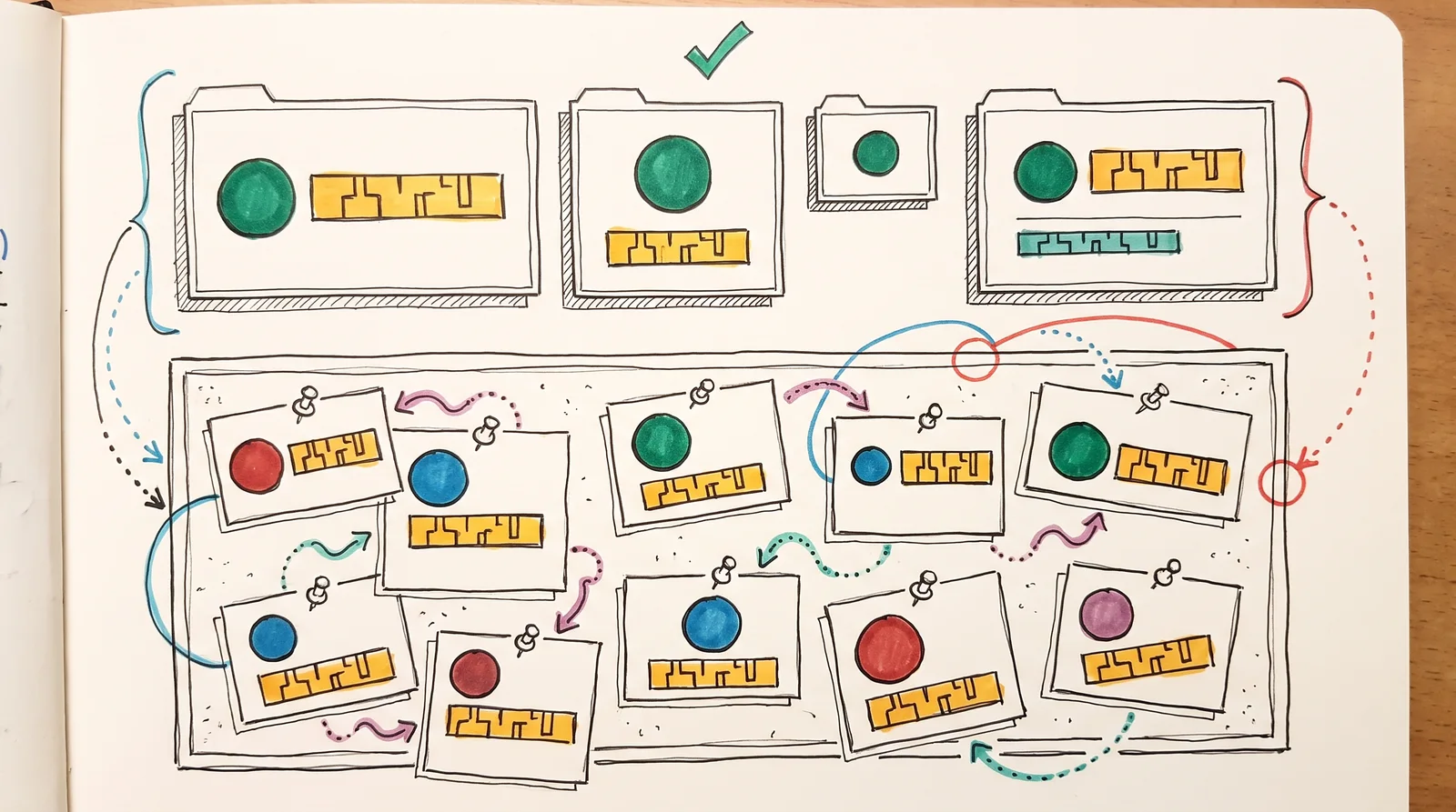 A doodle with four tidy cards showing wide, stacked, tiny and extended versions of a circle-and-bar logo at the top, and a corkboard of eleven slightly mismatched hand-made copies below.