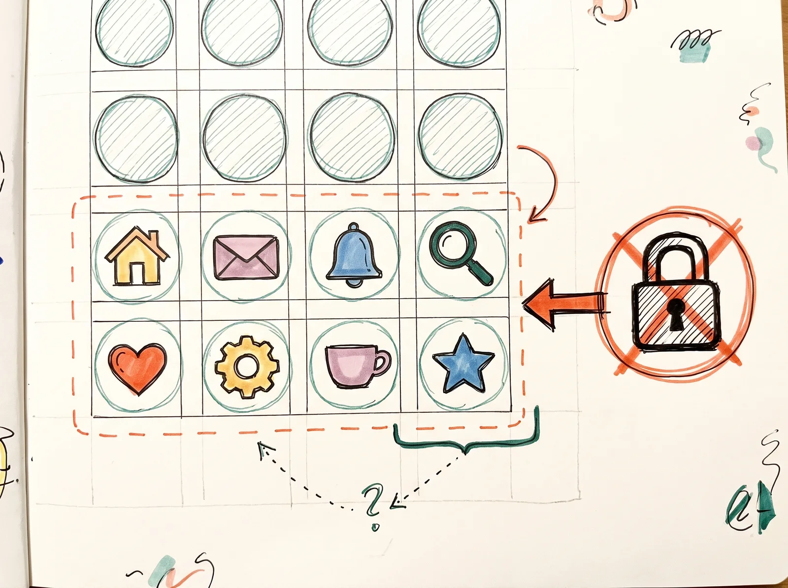 A doodle on graph paper of eight matching line icons, a house, envelope, bell, magnifier, heart, gear, cup and star, with a thicker, sharp-cornered padlock icon circled in red beside them.