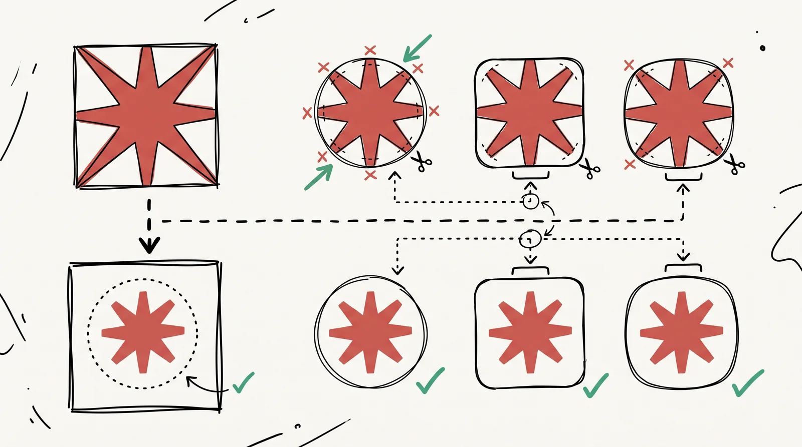 A doodle of an app icon whose mark touches the edges being clipped by circle and rounded masks in the top row, and a smaller mark inside a dotted safe circle staying whole under the same masks in the bottom row.