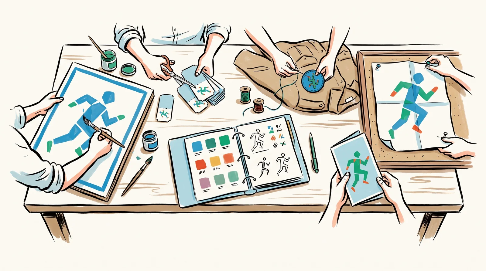 An ink drawing of five people at a long table making a sign, tickets, a uniform patch, a poster and a folded guide, all in the same light blue with a matching running figure, around an open light blue ring binder of swatches.