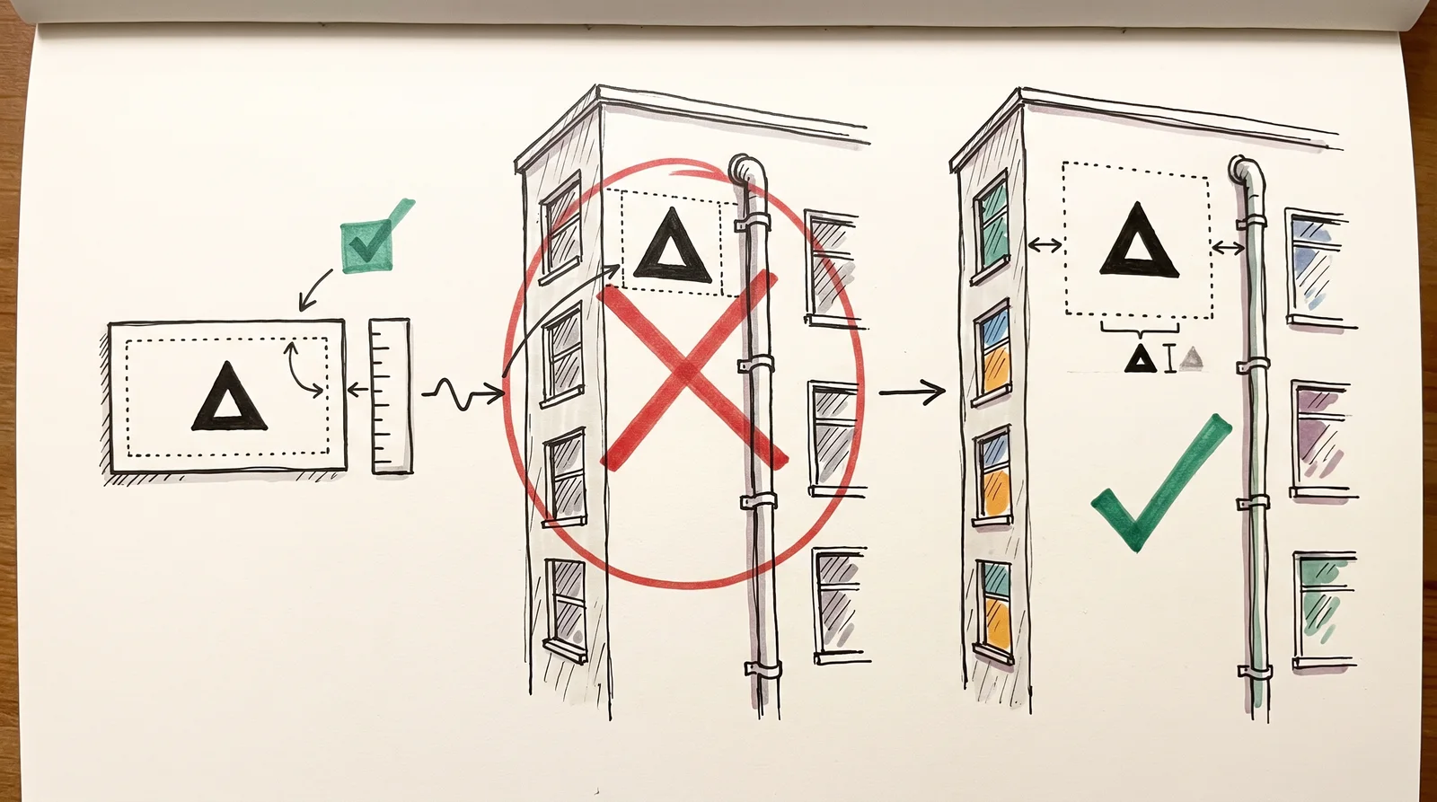 A doodle of a triangle logo on a business card with a thin margin, the same thin margin on a building where windows crowd it, and the building again with a wider margin equal to the logo's height.