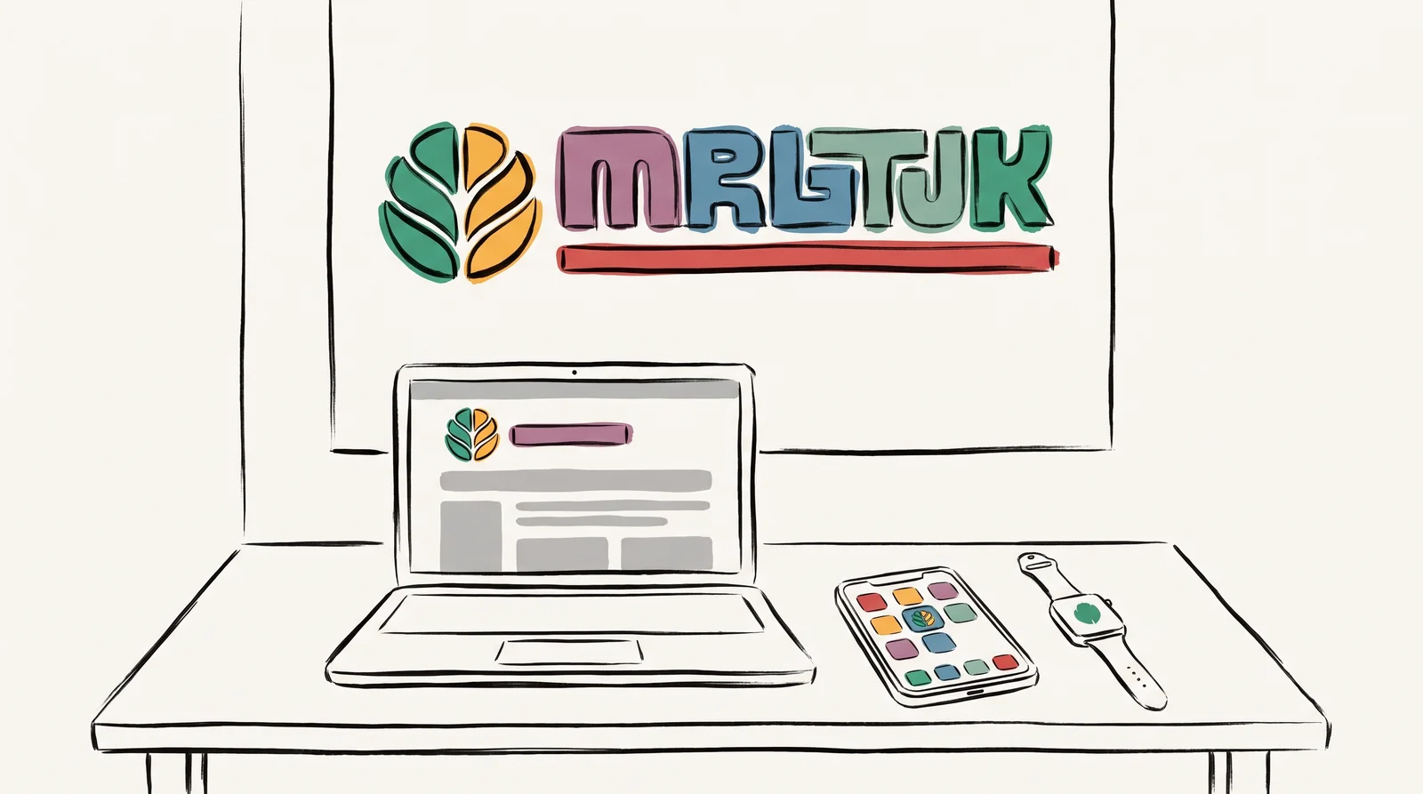 An ink drawing of a studio corner with a large poster showing a full logo, a laptop showing a shorter version, a phone showing just the symbol as an app icon and a smartwatch showing a single small leaf shape.