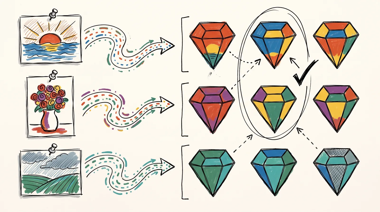 A sketchbook doodle with three small pictures on the left, a sunset, flowers and a field, sending dotted arrows into a grid of nine identical faceted gem-like outlines each filled with a different set of colours.