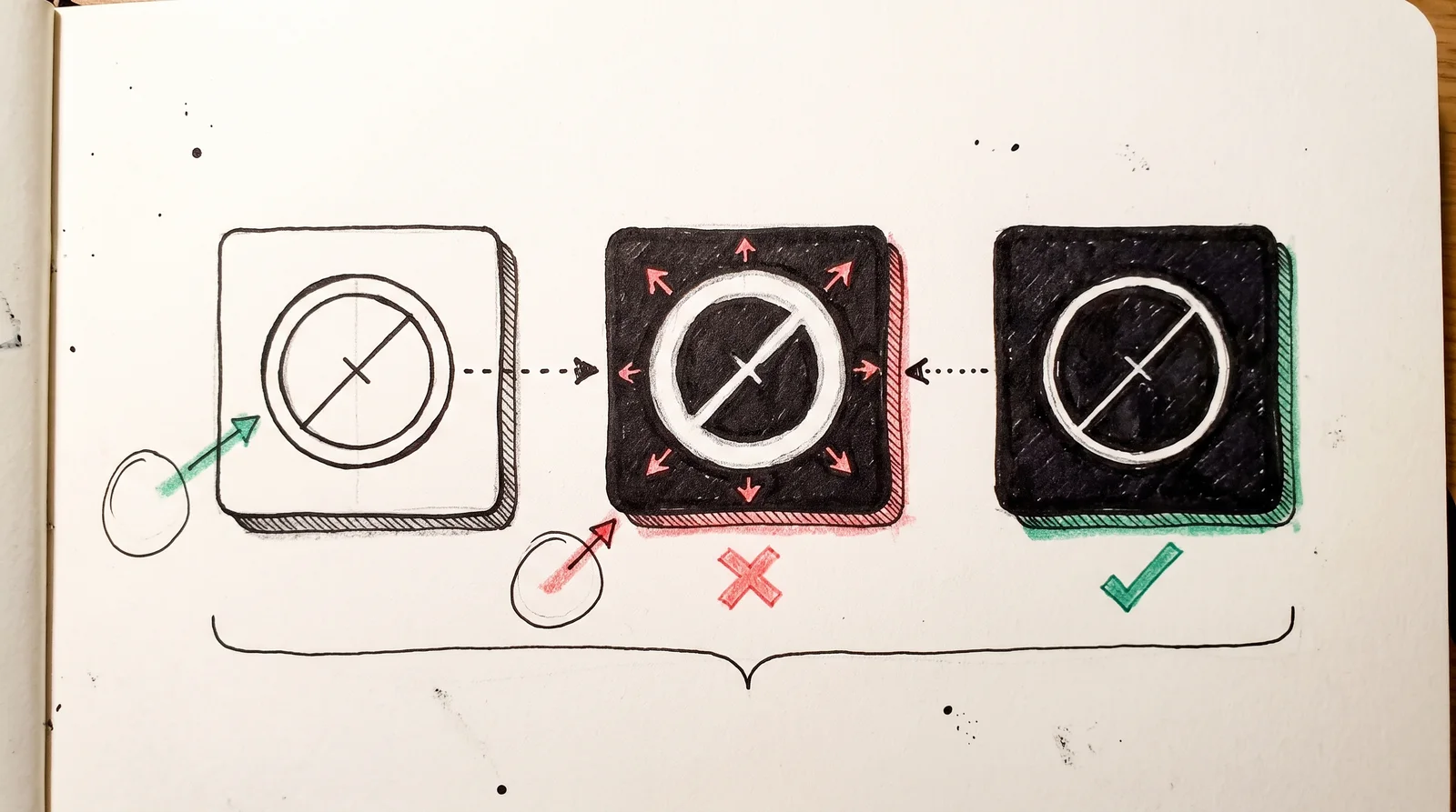 A doodle of three tiles showing a dark ring logo on white, the same logo inverted to white on black looking heavier, and a thinner redrawn white version that matches the original.