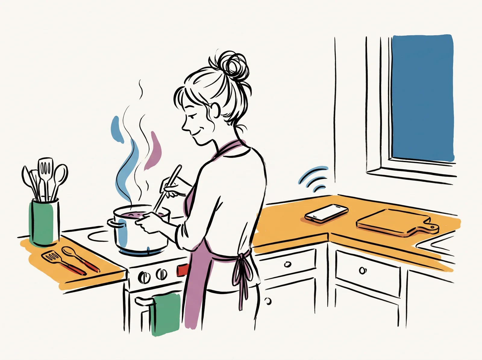 An ink drawing of a woman cooking at a stove with her back to a face-down phone on the counter, short curved sound lines rising from it towards her as she smiles.