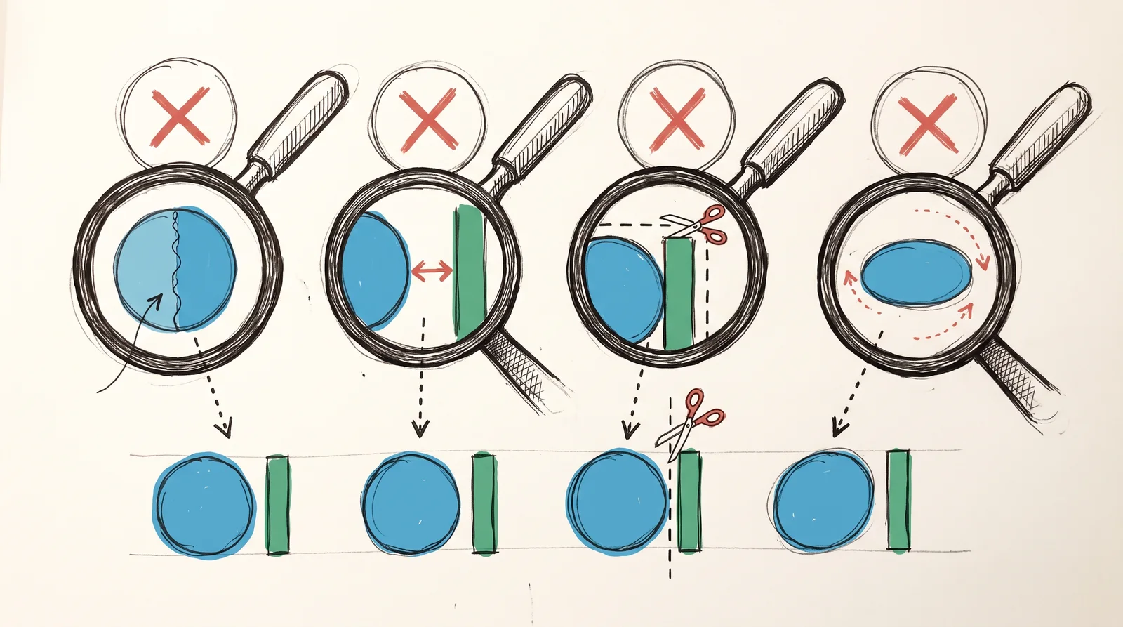 A doodle of four identical-looking blue circle logos, each with a magnifying loupe above showing a small fault in colour, spacing, closeness to a trim line or shape.