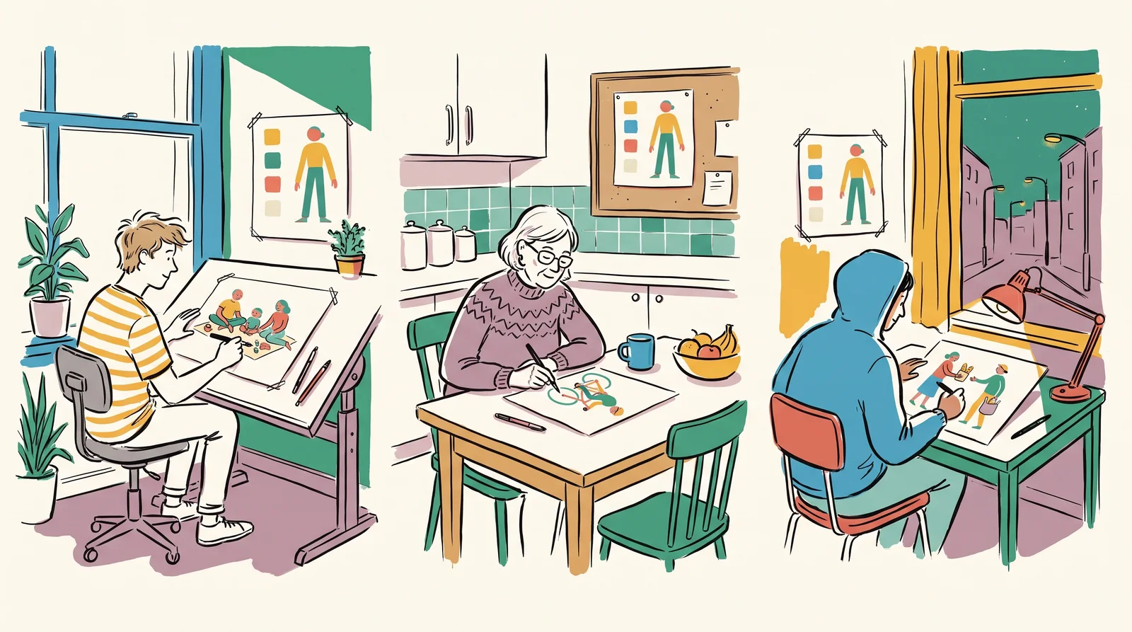 An ink drawing of three illustrators in a studio, a kitchen and a flat at night, each drawing people in the same flat four-colour style, with the same style sheet pinned above each desk.