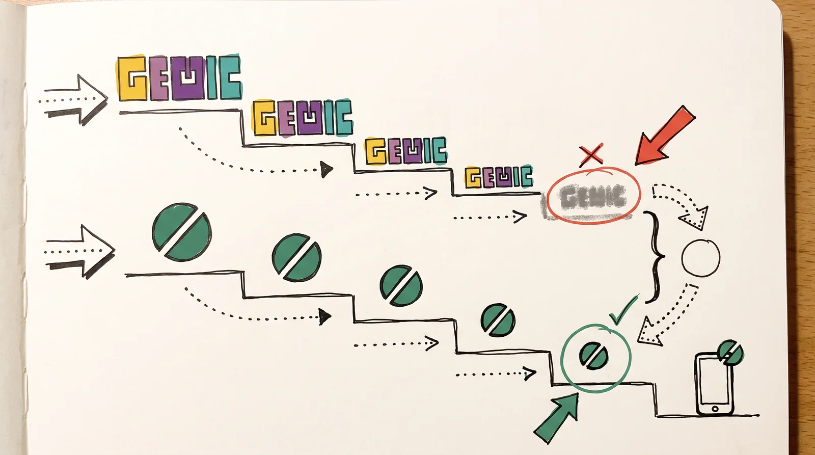 A doodle of two rows of logos shrinking in five steps, with a long letter-like wordmark turning into a grey smudge at the smallest size and a round symbol staying sharp, next to a small phone outline.