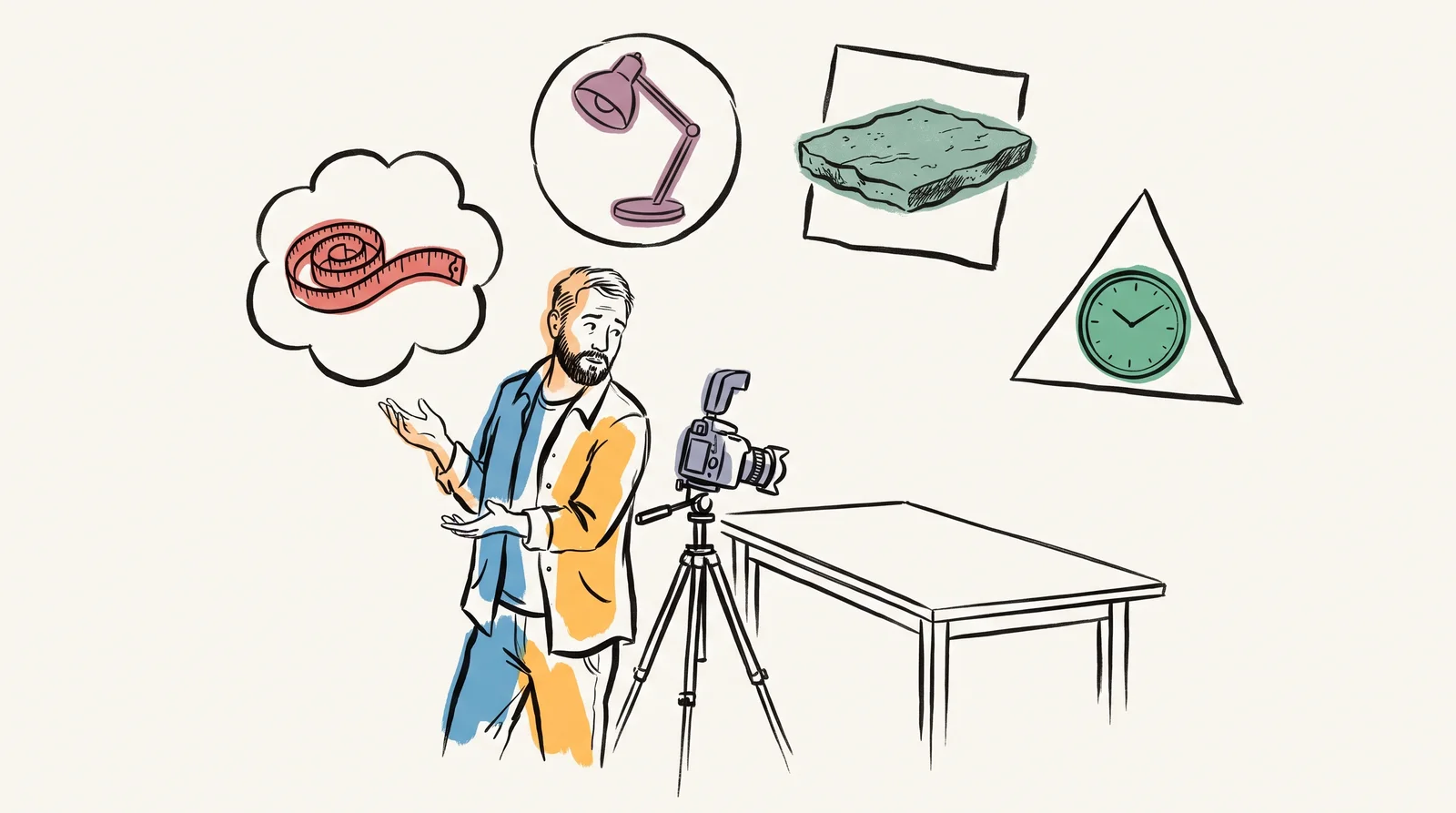A photographer beside a tripod turns toward the viewer with a hand raised, as if about to ask a question. Around their head float four objects in outlined shapes: a tape measure, a lamp, a stone slab and a clock face. The camera points at an empty table.
