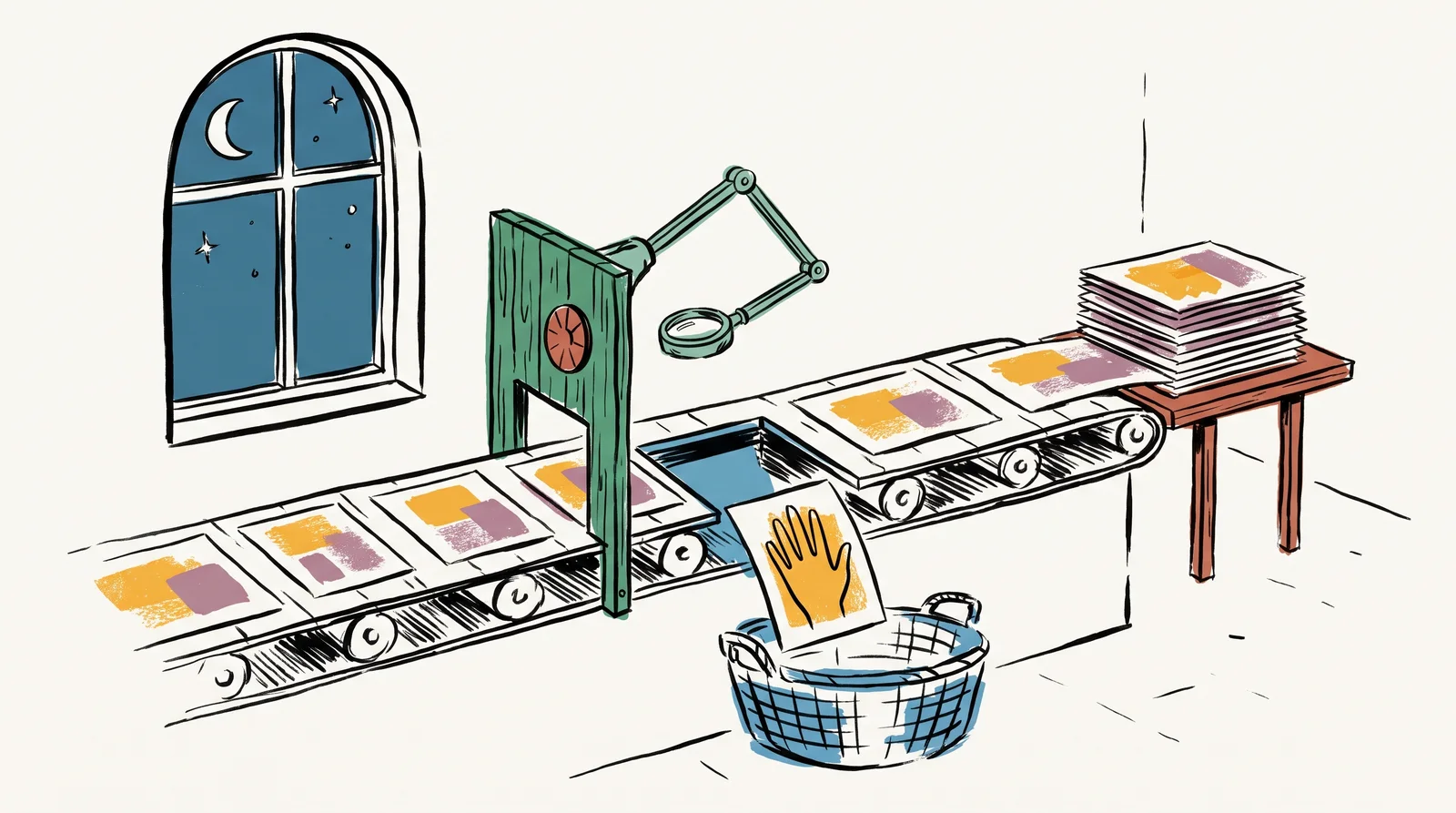 At night in an empty studio, prints travel on a belt through a small wooden gate with a colour sampler and a magnifier. Most pass through, but one showing a six-fingered hand drops through a trapdoor into a basket.