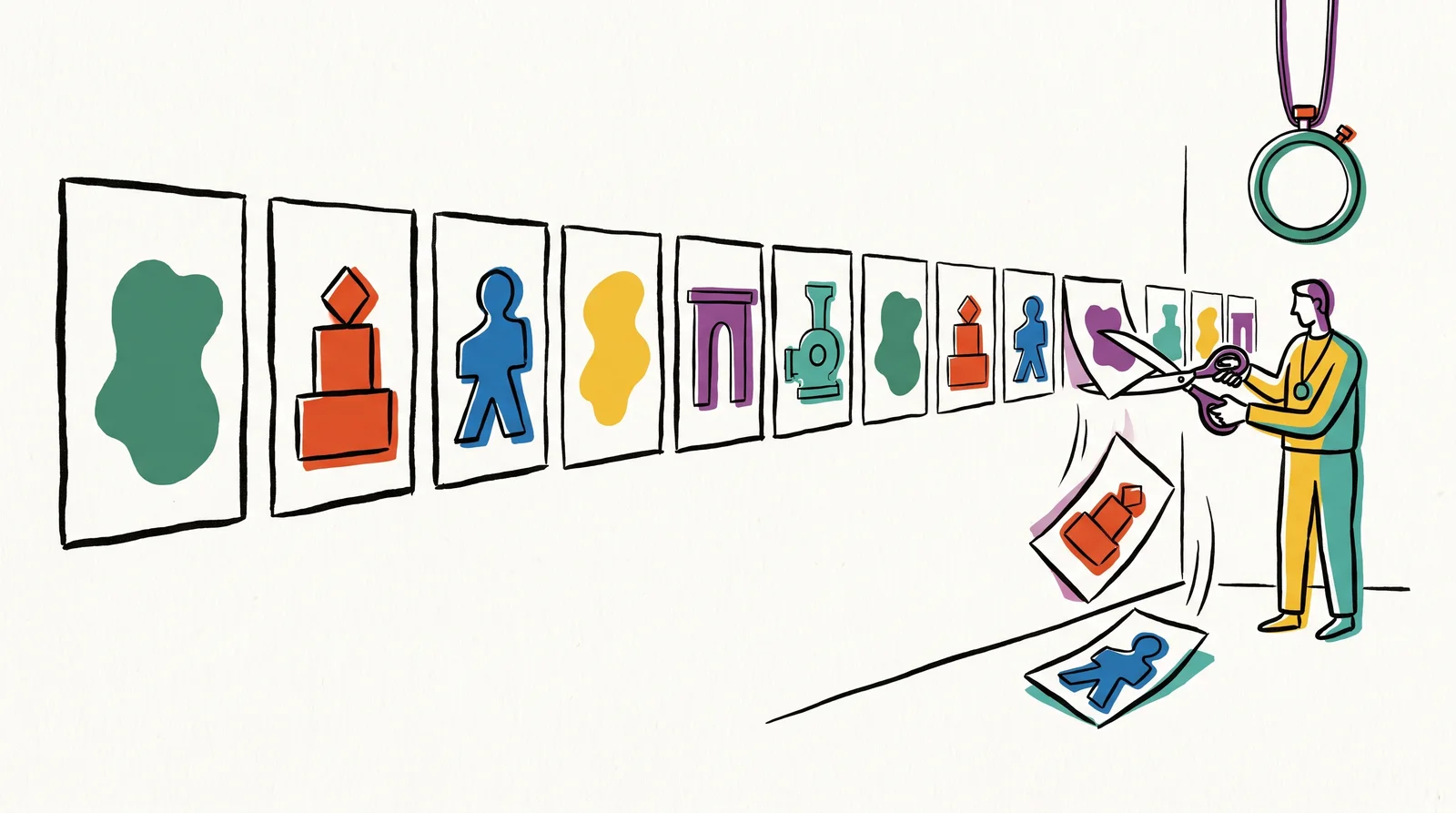 A long wall of fifteen hand-drawn storyboard panels. At the end, a person with a stopwatch around their neck cuts the last three panels away with scissors, and they flutter to the floor.